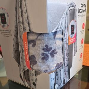 BROOKSTONE BRAND GRAY FLORAL COZY HEATED PLUSH THROW SIZE 50"X60"